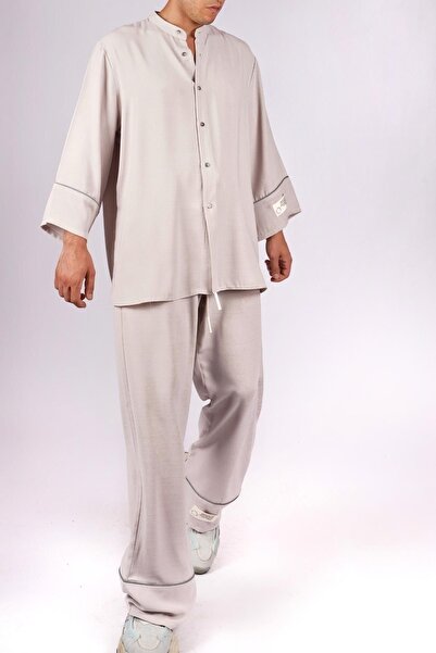 LoFiBuy Unisex Tek Yırtmaç Krem Oversize Rahat Kalıp Alt Üst Takım