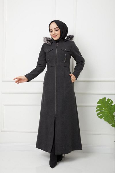 KMKkombin Women's Winter Long Full Length Zippered Hooded Fur Stuffed Topcoat Coat