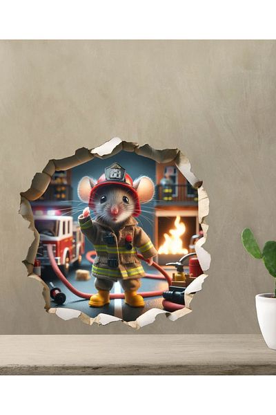 Sim Tasarım Firefighter Cute Mouse Corridor Glass Home Decoration Sticker