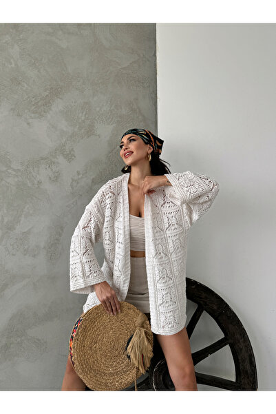 DİMA FASHİON Ecru Women's Long Openwork Cardigan