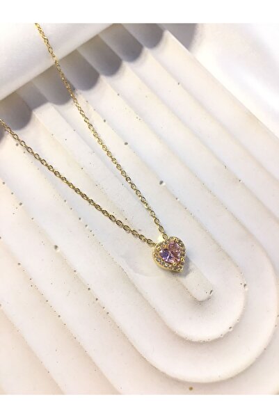 Çelik Gold Colored 316L Steel - Pink Zircon Stone Heart Necklace Usa 008660