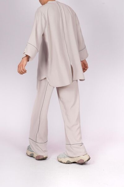 LoFiBuy Unisex Tek Yırtmaç Krem Oversize Rahat Kalıp Alt Üst Takım