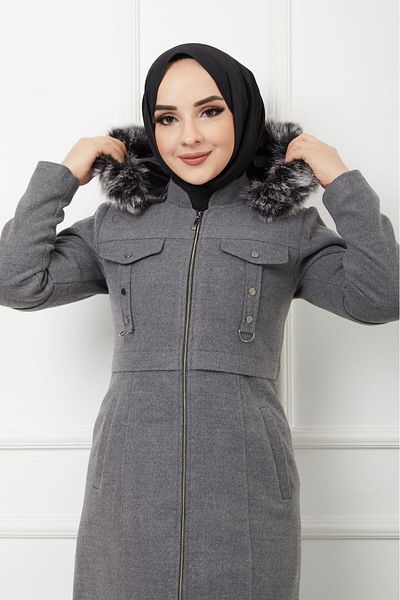 KMKkombin Women's Winter Long Full Length Zippered Hooded Fur Stuffed Topcoat Coat