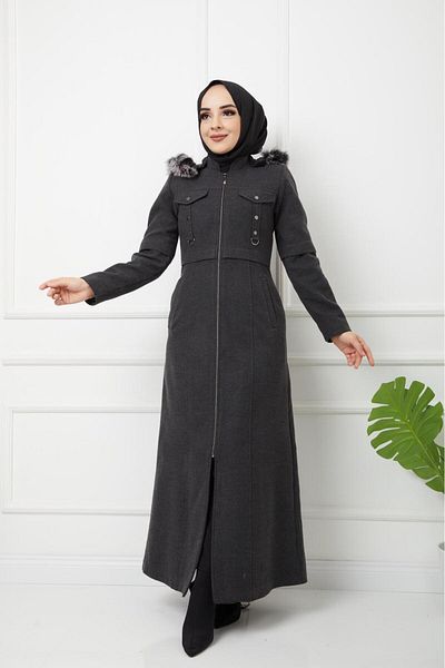 KMKkombin Women's Winter Long Full Length Zippered Hooded Fur Stuffed Topcoat Coat