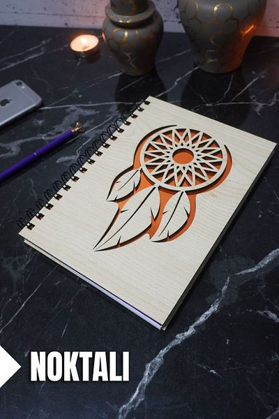 markcat Dream Catcher Themed Notebook with Wooden Cover - Dotted Agenda and School Notebook (A5 - 120 Pages)