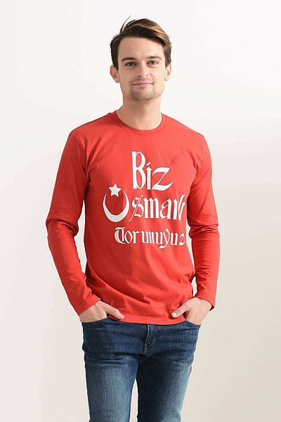 Tshirthane سويت شيرت رجالي أحمر مطبوع بأكمام طويلة نحن أحفاد عثمانيون