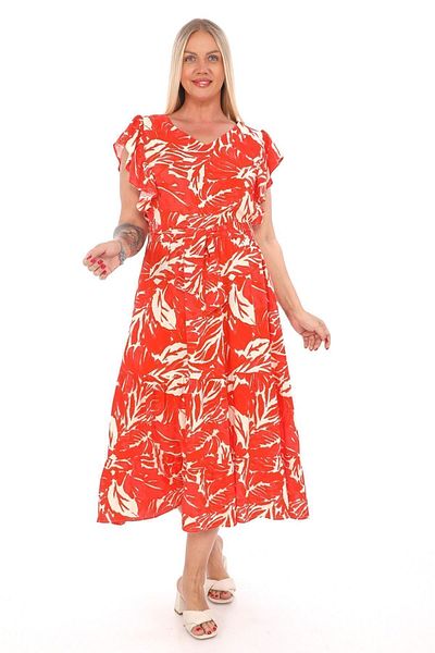etselements Long Viscose Dress - Fly Sleeve, Crew Neck, Floral Print and Belted