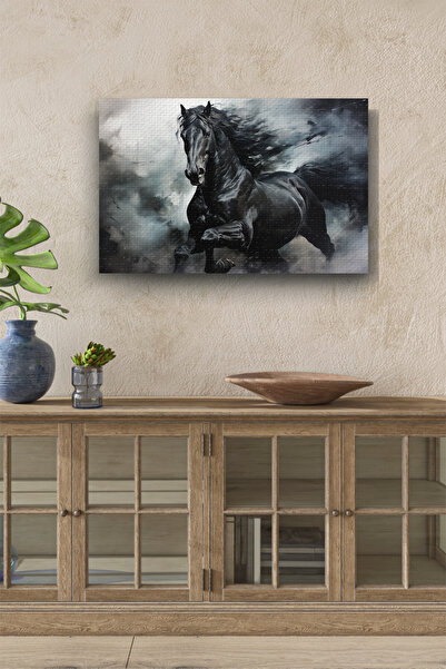 InkSyncStudios Siyah Toz Dumanlı At Tasarım Yatay Yağlı Kanvas Tablo