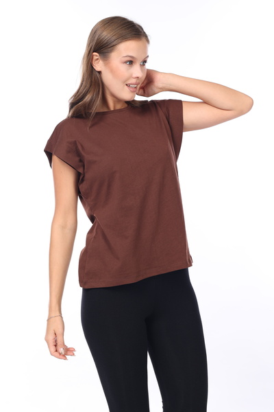 Tight Lady Γυναικείο μπλουζάκι καφέ βάτα 100% βαμβακερό - λαιμόκοψη με νυχτερίδα, κομμάτι μασχάλης