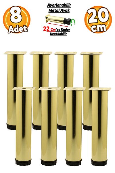 Badem10 Mobilier reglabil Canapea Consolă Fotoliu Suport metalic Riser Picioare de suport aurii 20 Cm 8 buc