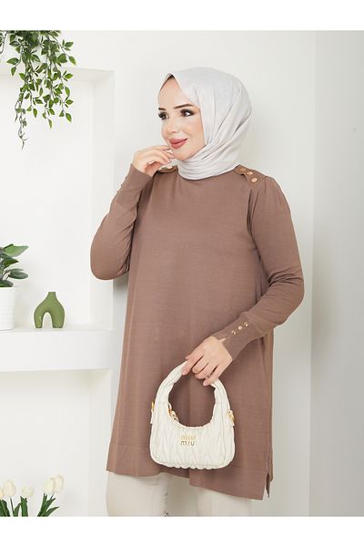 Pamuk Butik Дамска туника от мерсеризирано плетене със студена прежда, еполети и копчета на ръкавите на рамото