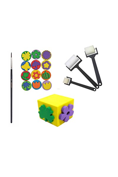 ileritoys 12'li Sünger Baskı Eva ve Küp Eva- Sulu Boya Fırçası - 3'lü Rulo Fırça