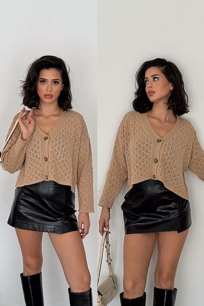 FEMELLE Cardigan de tricotaj ajurat maro - Femei, Marime Standard, Nasturi