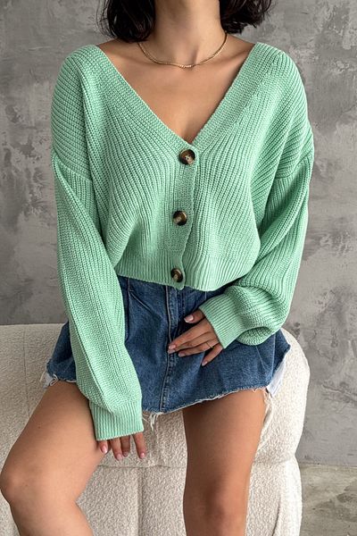 FEMELLE Cardigan de damă din tricotaje de culoare mentă - tricotat Thessaloniki, cu nasturi, mărime standard