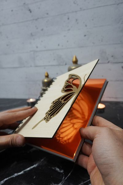 markcat Butterfly Themed Notebook with Wooden Cover - Checked Agenda and School Notebook (A5 - 120 Pages)