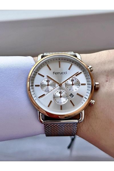 Ferrucci Men's Rose Straw Cord with Calendar Function - Iconic Rose Gold and Silver Combination