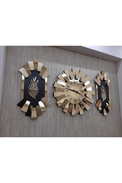 TUĞBArt 3lü Duvar Saati Gold Aynalı 3 Boyutlu Piyano Model Palmiye Detay Türk...