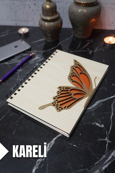 markcat Butterfly Themed Notebook with Wooden Cover - Checked Agenda and School Notebook (A5 - 120 Pages)