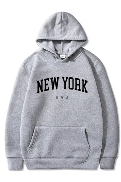 LA GULER Unisex New York Printed Oversize φούτερ με κουκούλα - 3 κλωστές βαμβακερό