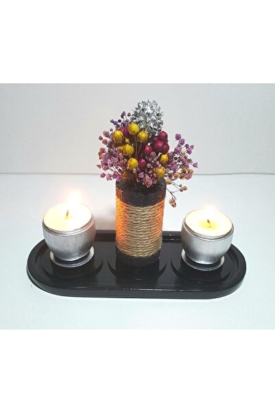 Bay3 Hobi Tepsili Şamdan Seti, Çiçekli Şamdan Seti, Gümüş (Çiçekler dahildir)