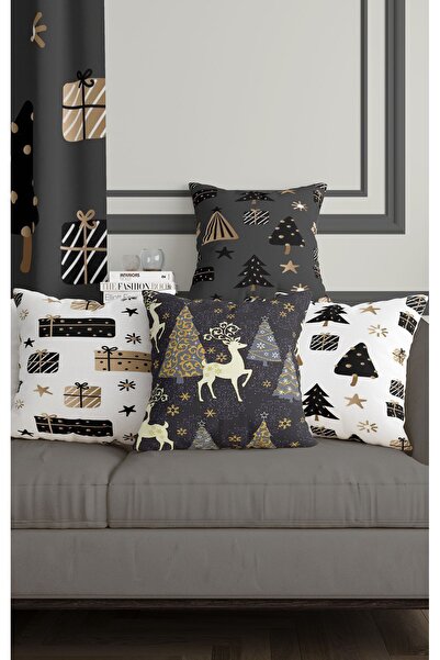 ALAMODECOR Μαύρο και άσπρο χρώμα Χριστουγεννιάτικο θέμα διπλής όψης Djital με τύπωμα Κάλυμμα μαξιλαριού ριχτάρι 4 τεμαχίων