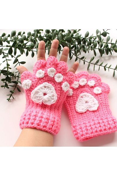 TRENDİN YOLU Pink Handmade Fingerless Model Winter Gloves with Paws