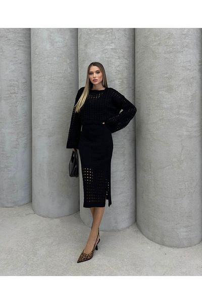 İLKCET MODA طقم ملابس تريكو مخرمة من الأسفل والأعلى
