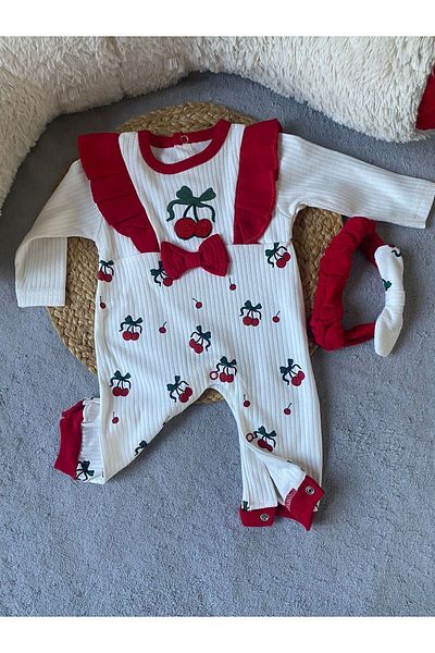 caliskanonline Cherry Patterned Seasonal Baby Girl Jumpsuit - with Ribbon Accessories, 3-6-9-12 Months