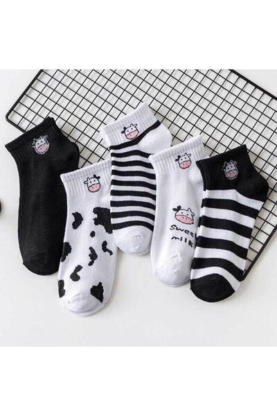 Meguca Socks Kadın Siyah Beyaz Inek Desenli Yarım Konç Kolej Çorap Seti 5 Çift