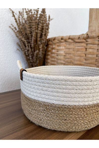 Naspar Wicker Jute Basket & White Cotton Iip Handmade Basket Multi-Purpose Organizer