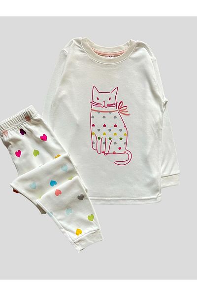 elmas kids Girl's Long Sleeve 100% Cotton Cat Patterned Heart White Pajama Set