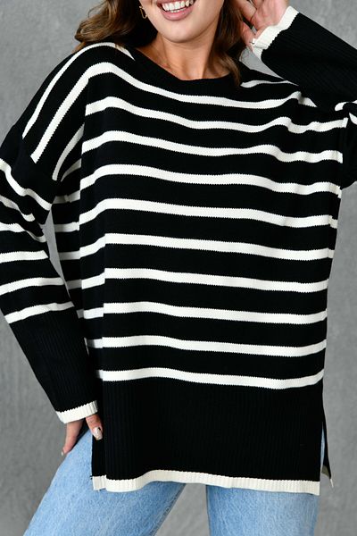 bayansepeti Pulover de tricotaj supradimensionat cu model dungi negre - decolteu, fantă laterală, mânecă lungă, 2543