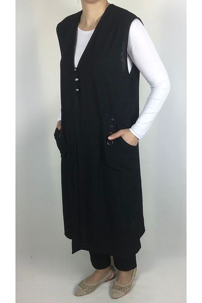 ECE GİYİM Women's Long Vest - Three-Button Front, Pocket and Jacquard Summer