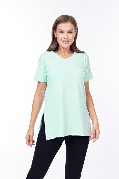 Tight Lady Water Green V-Neck Slit Ασύμμετρο Βαμβακερό Τούνικ - Γυναικείο