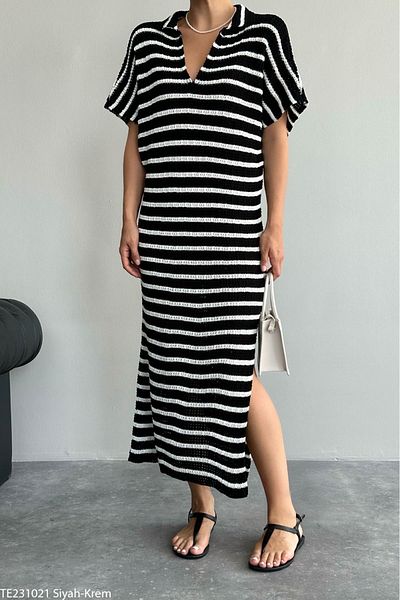 Loopy Rochie de tricotaje cu fante în dungi negre pentru femei