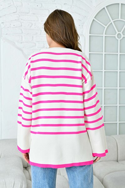 WOMAN VISION Yanı Yırtmaçlı Bisiklet Yaka Çizgili Desenli Uzun Kollu Pembe Oversize Triko Kazak 2543