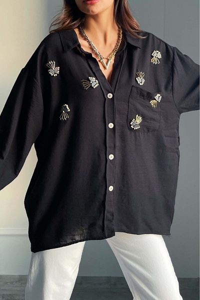 Suzi butik Cămașă neagră oversize pentru femei - fără umăr, brodata 4751