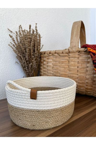 Naspar Wicker Jute Basket & White Cotton Iip Handmade Basket Multi-Purpose Organizer