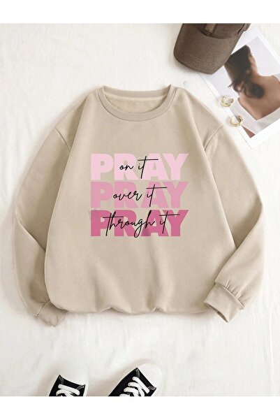 over head oh Bež ženska majica - sa natpisom "Pray", okrugla kragna