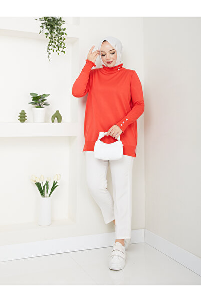 Pamuk Butik Women's Ruffle Neck Stone Detailed Mercerized Knitwear Tunic