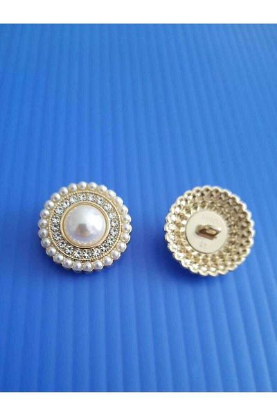 İMREN AKSESUAR Special Design Metal Button with 2.5 cm Light Gold Plated and Crystal Stone Pearls 1 Pair