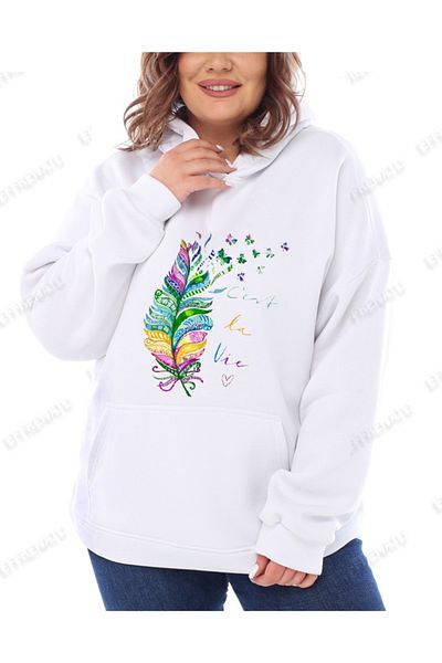 EFFRENATU Hila Moda - Large Size White Printed Hooded Sweatshirt