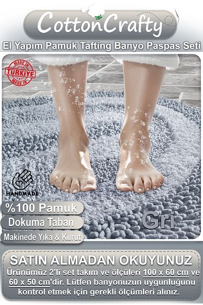 CottonCrafty Σετ πατάκι μπάνιου από 100% βαμβάκι, απορροφητικό σετ πατάκι μπάνιου, Μοκέτα μπάνιου Cottonway Σετ 2 60x100 - 60x50