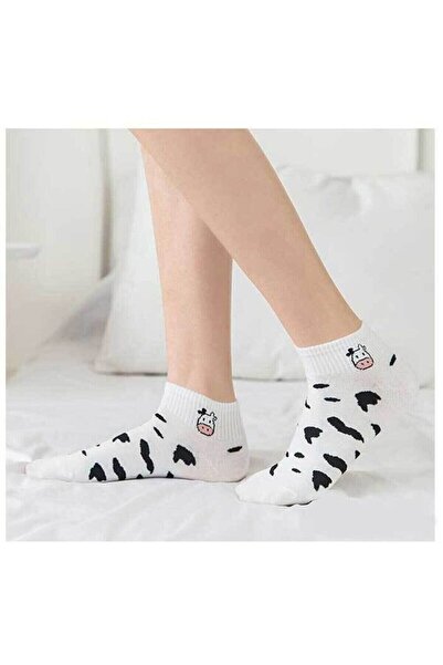 Meguca Socks Kadın Siyah Beyaz Inek Desenli Yarım Konç Kolej Çorap Seti 5 Çift