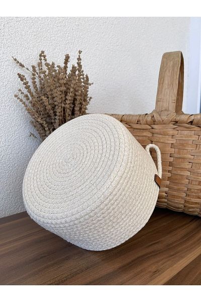 Naspar Basket Off White Cotton Handmade Basket, Multi-Purpose Organizer/Bathroom, Kitchen Organizer