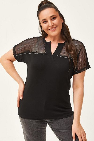 CAFCAF Plus Size Black Stone Detailed Mesh Blouse