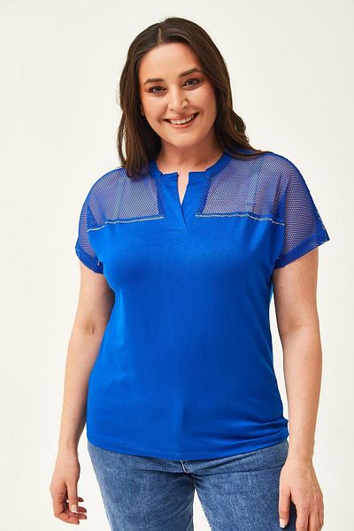 CAFCAF Plus Size Blue Blouse - Mesh and Stone Detail
