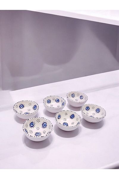 sharp&art 6-Piece Daisy and Evil Eye Bead Patterned 100% Real Hand Embroidered 8 CM BOWL SET