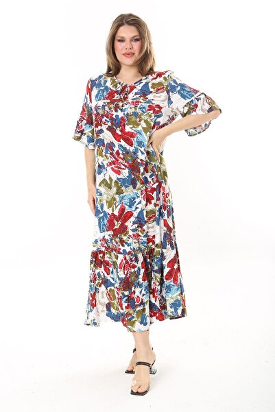 Şans Women's Plus Size Blue Woven Viscose Fabric Skirt Layered Short Sleeve Dress 65N37868