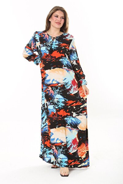 Şans Жіноче велике розмір синє плаття з довгими рукавами та шнурівкою на комірі 65N37869